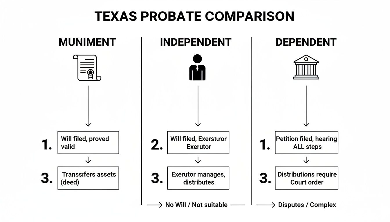Flowchart comparing three Texas probate processes: Muniment, Independent, and Dependent, detailing their steps and requirements.