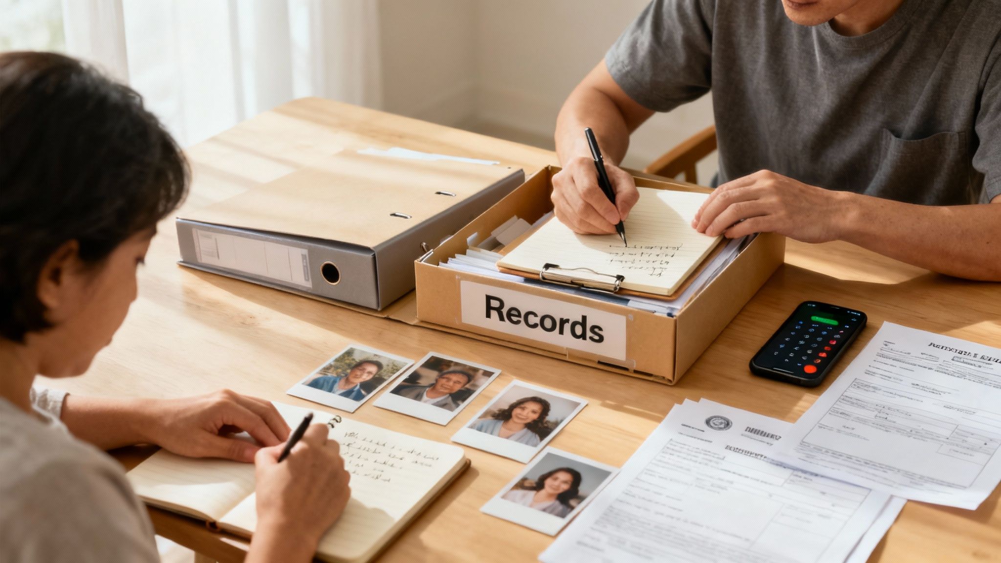 A parent calmly organizing documents in a folder at a clean desk.