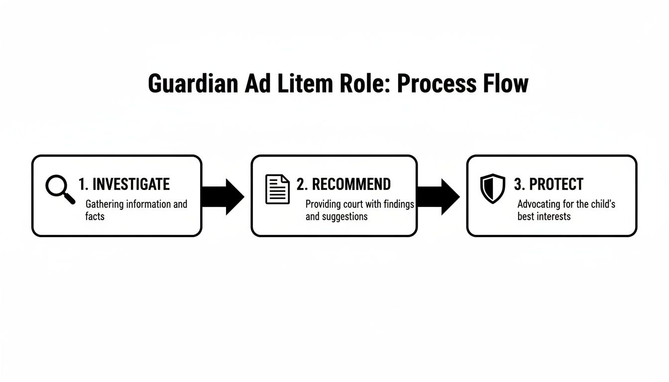 A Guardian Ad Litem process flow diagram illustrating steps: investigate, recommend, and protect.