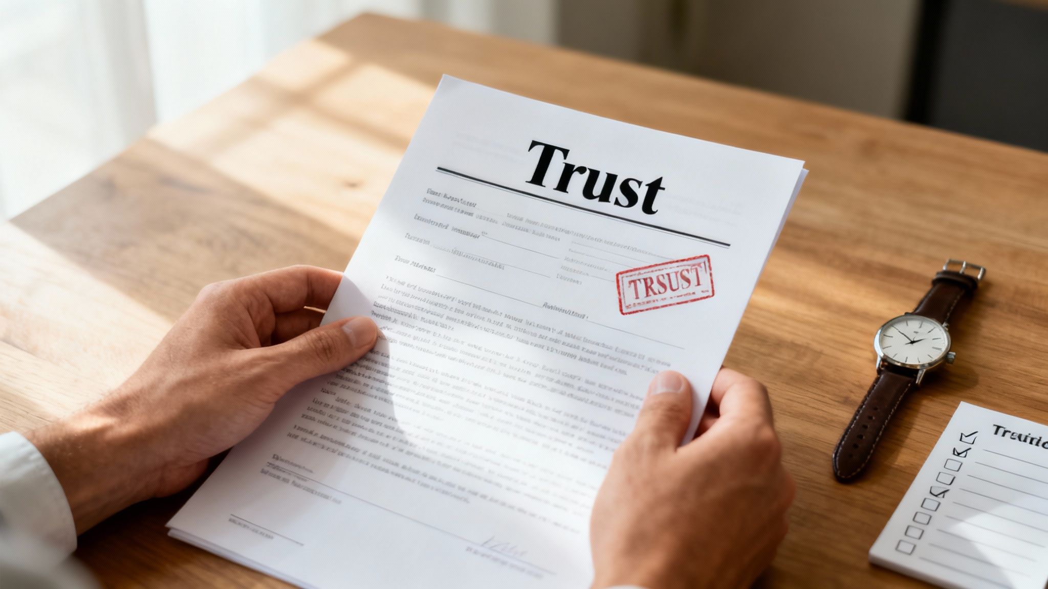 A person's hands hold a legal trust document with a stamp on a wooden table.