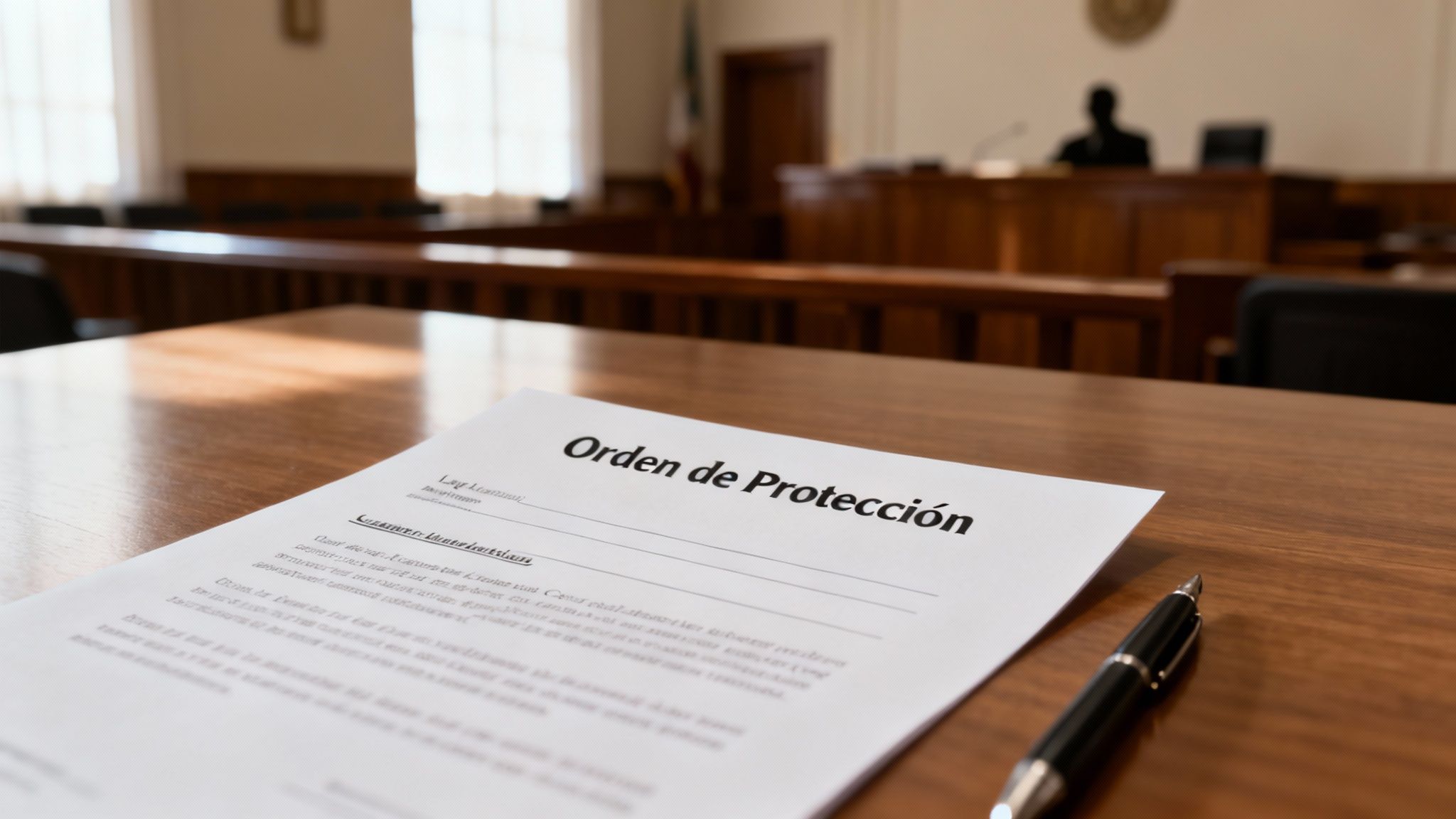 Dos personas en un despacho legal revisando documentos con empatía.