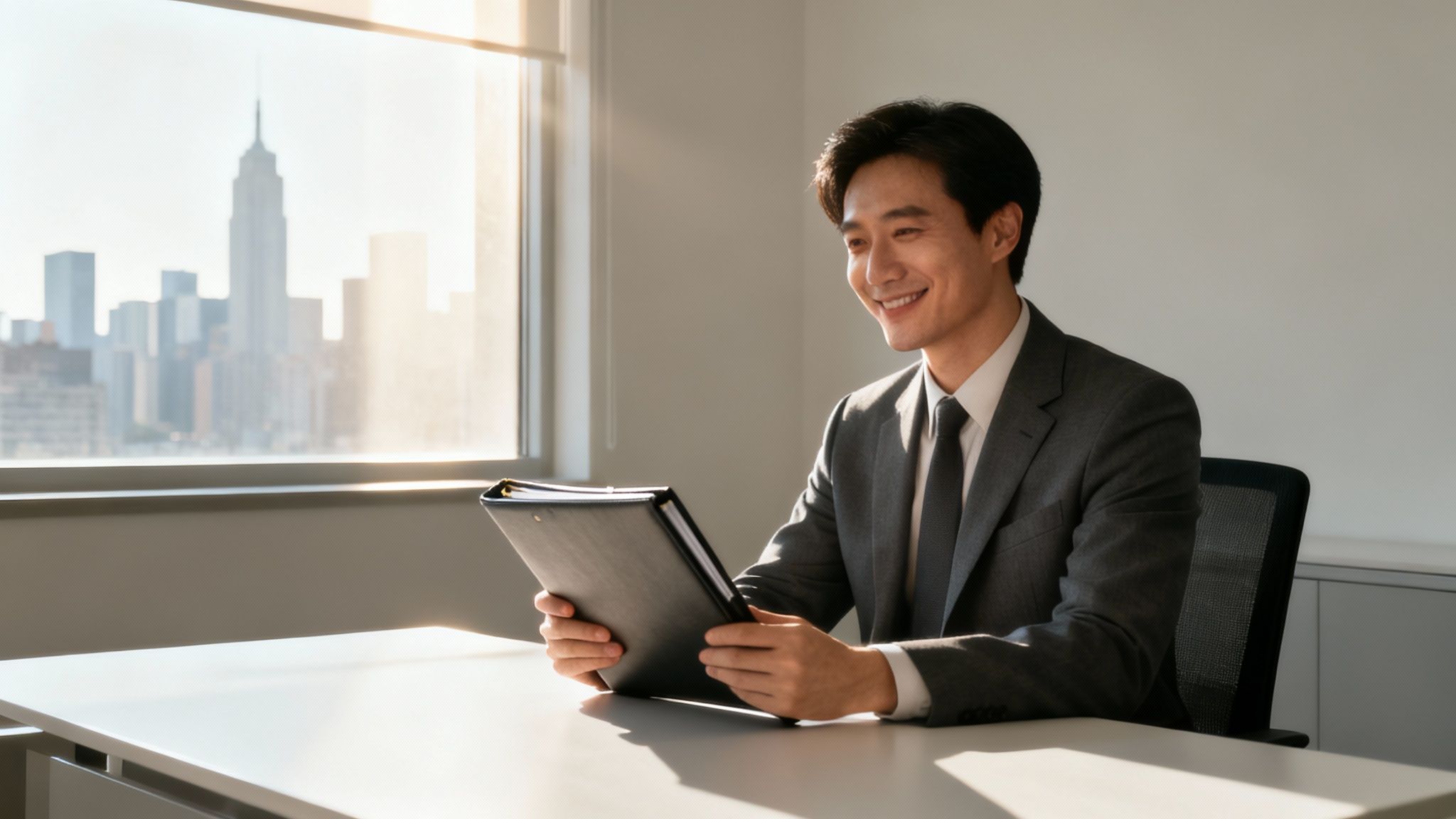 Businessman in a suit holding a legal document with a city skyline in the background, representing legal services for DWI cases and the importance of a stay of adjudication.