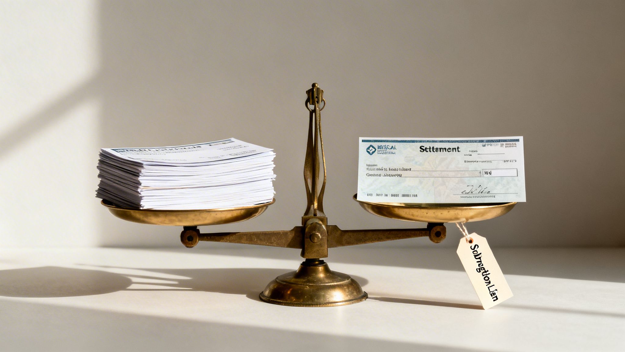A brass legal scale balances a stack of papers with a settlement check and 'Subrogation Lien' tag.