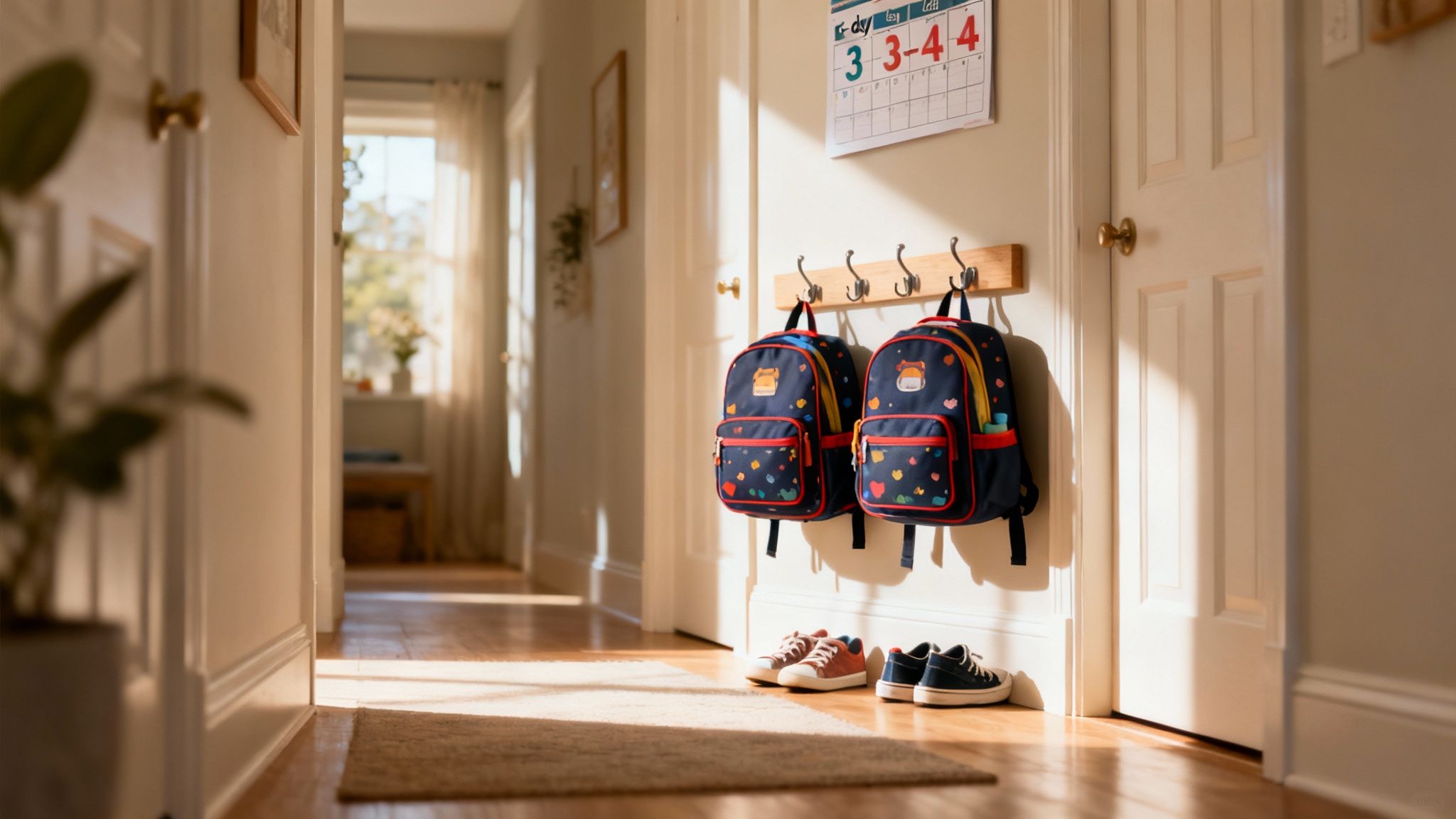 Two colorful children's backpacks and sneakers in a sunlit home hallway with a calendar.