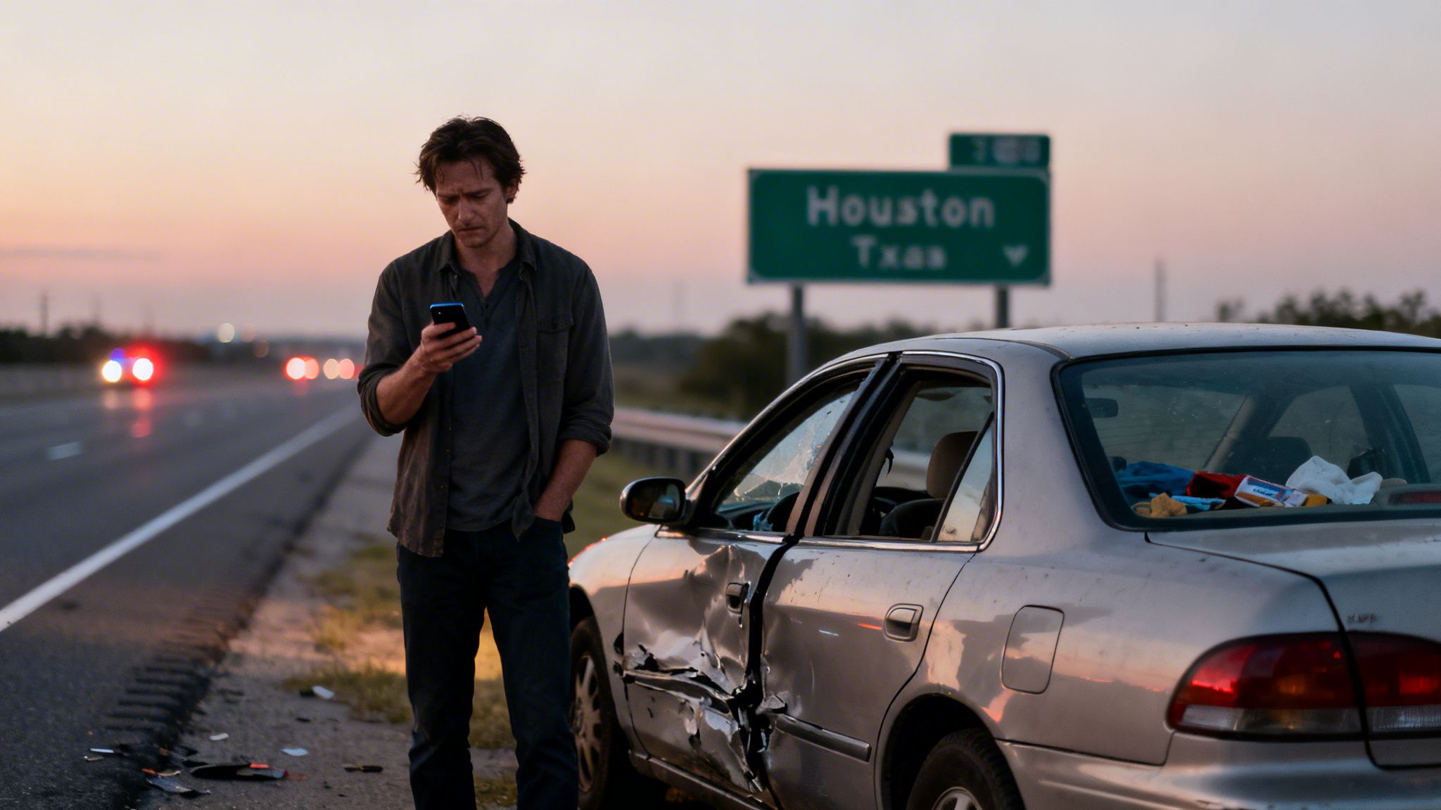 A man checking his phone next to a crashed car on a Texas highway at dusk.