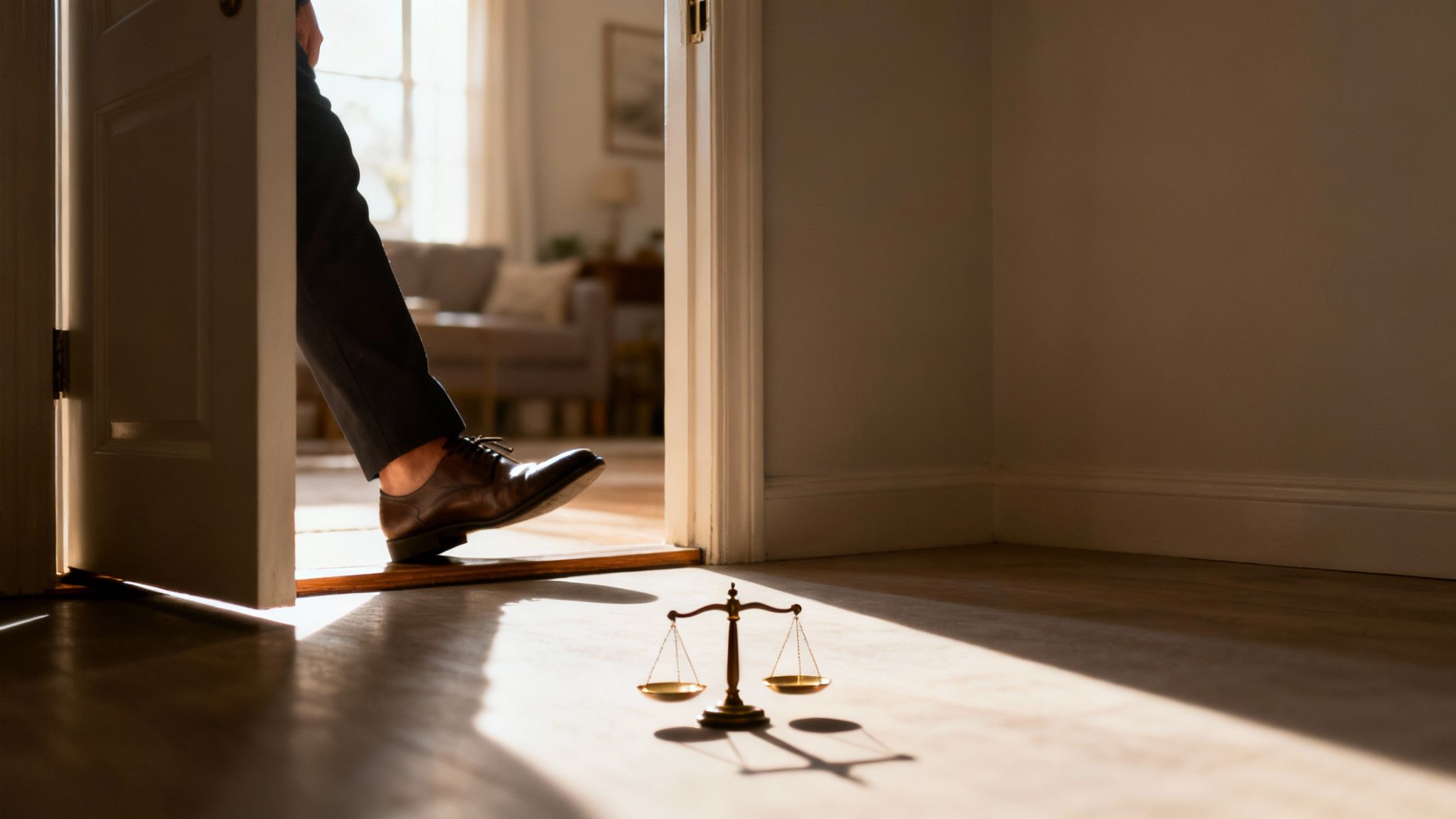 A person in formal shoes steps over a doorway, with a scale of justice on the sunlit floor.