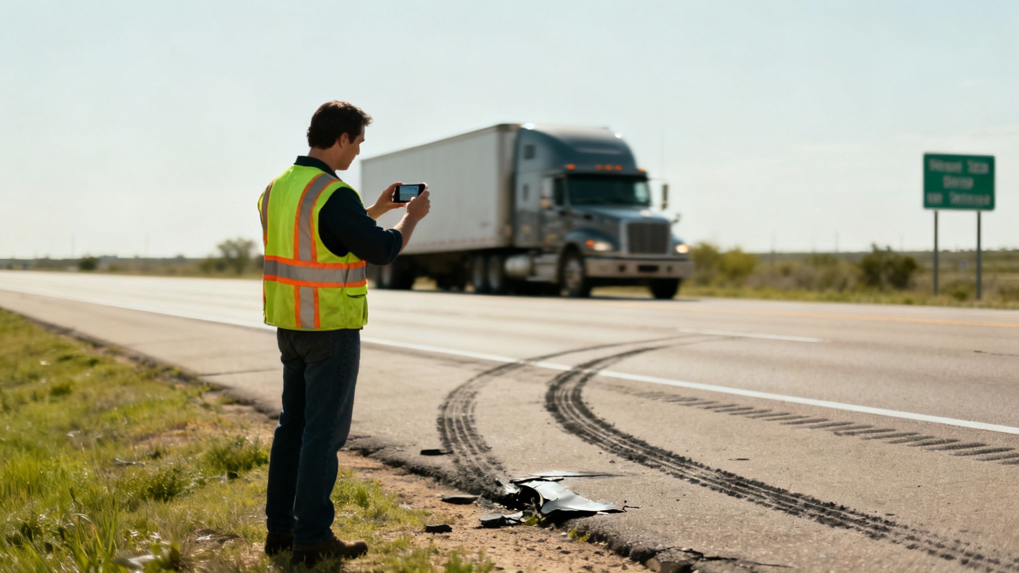Inspector in safety vest documenting truck accident scene with skid marks on Texas highway