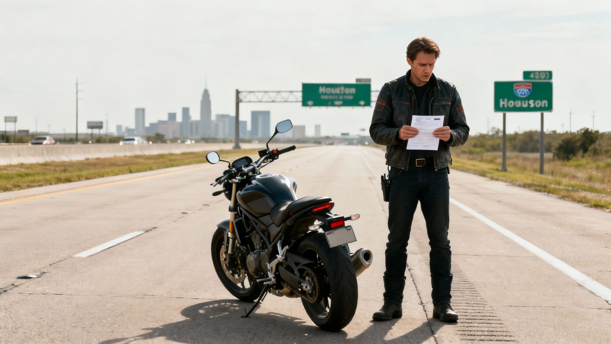 A man in a leather jacket stands by his motorcycle on a highway shoulder, reading a paper with a city skyline and a "Houston" sign in the background.