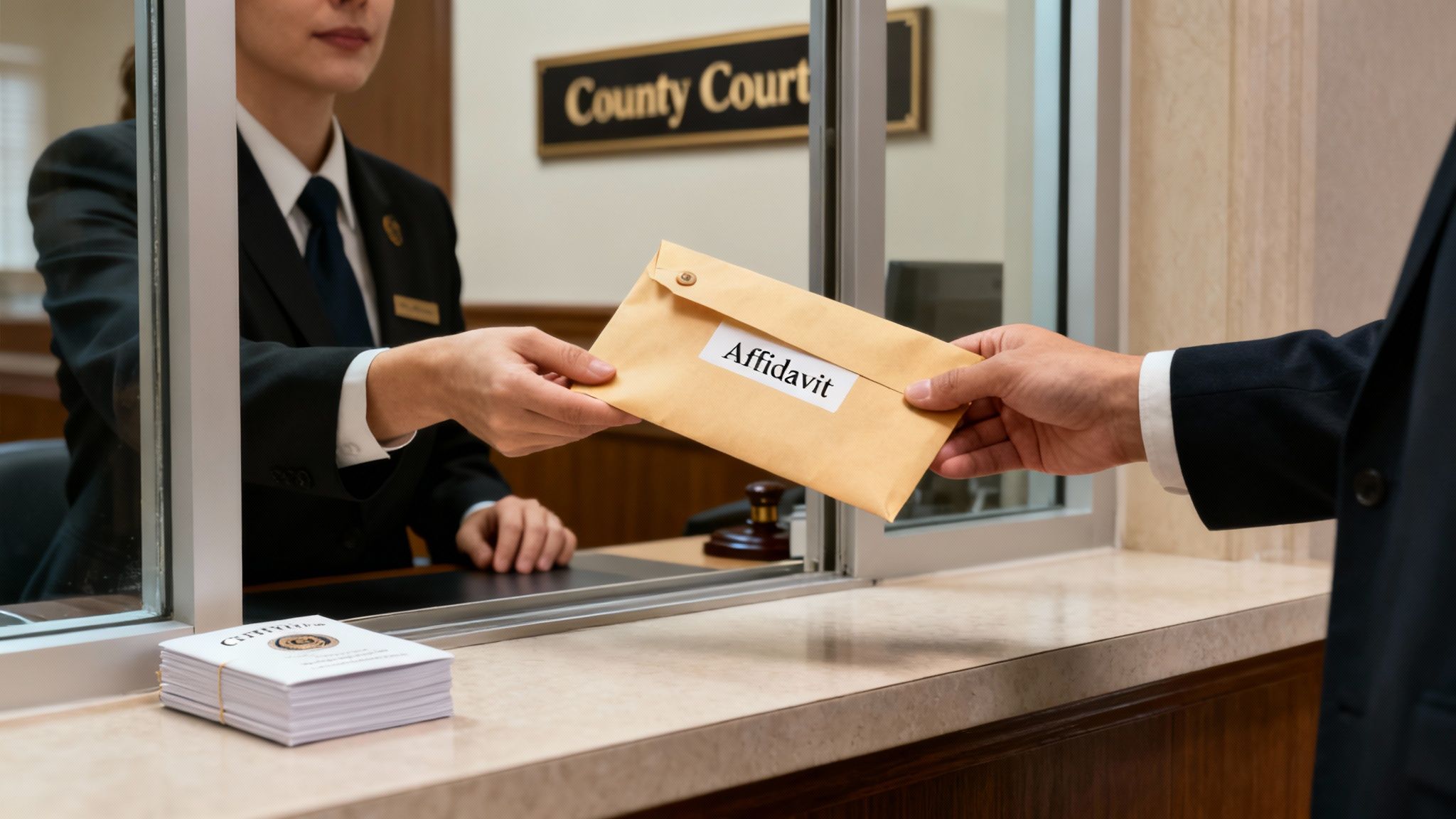 A court clerk receives an 'Affidavit' envelope from a man at a County Court counter.