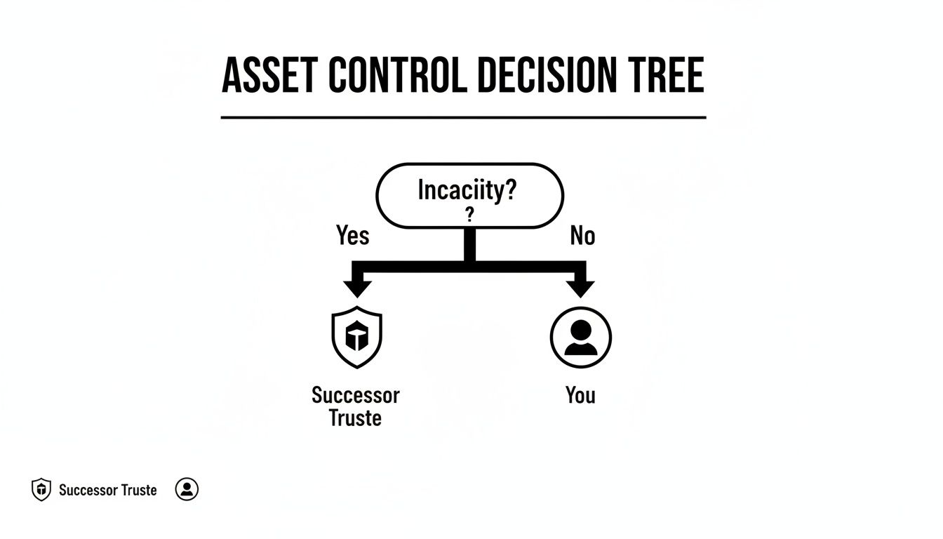 An asset control decision tree illustrating paths based on Incapacity, leading to a Successor Trustee or You.