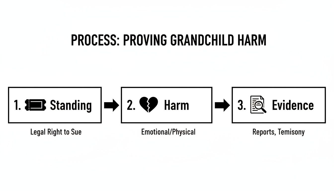 Flowchart illustrating the legal process for grandparents seeking visitation rights in Texas, highlighting steps: 1. Standing (Legal Right to Sue), 2. Harm (Emotional/Physical), 3. Evidence (Reports, Testimony).