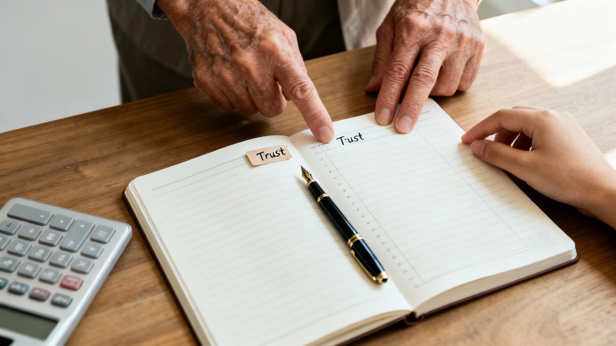 Hands pointing at an open notebook labeled "Trust," with a fountain pen and a calculator nearby, symbolizing trust accounting and financial record-keeping for Texas families.