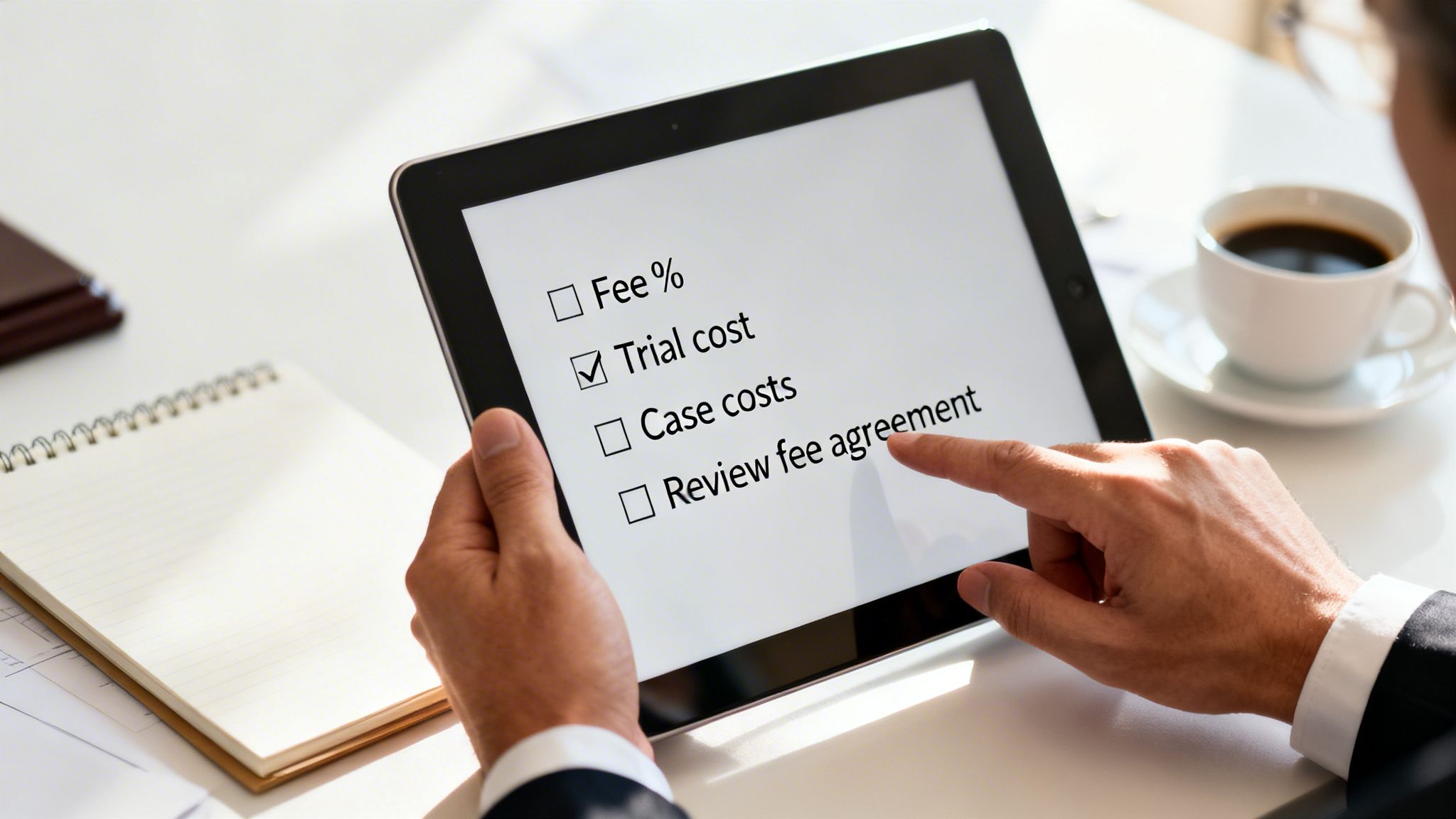 Close-up of hands reviewing a legal fee checklist on a tablet, pointing to 'Review fee agreement'.