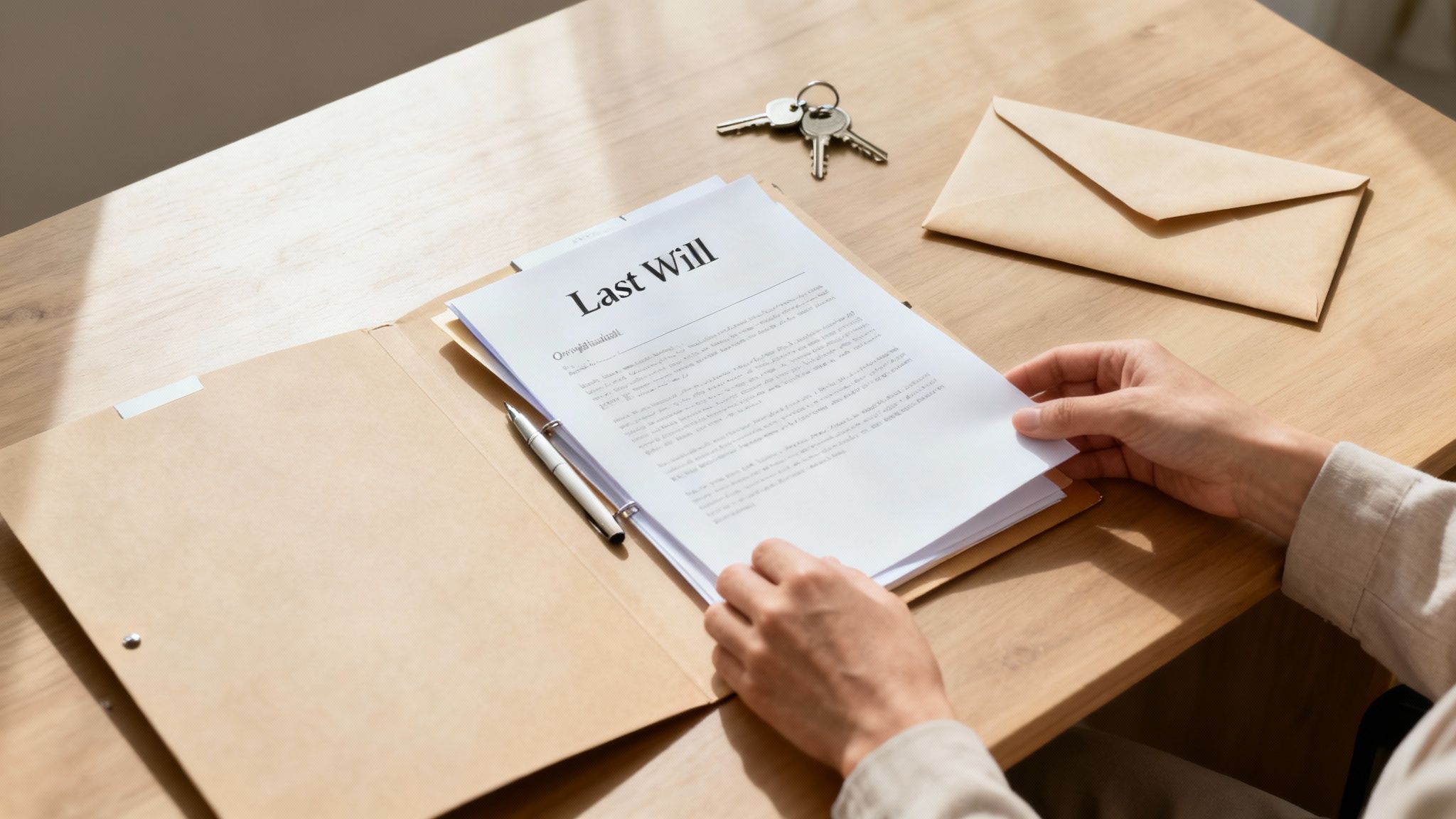 Person reviewing last will and testament document with keys and envelope on wooden desk
