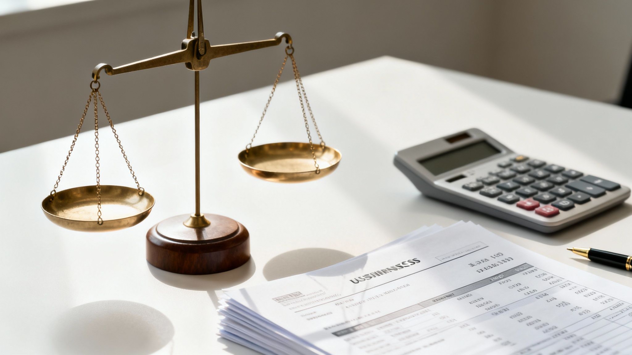 A vintage brass balance scale, stack of business papers, a calculator, and a pen on a white desk.