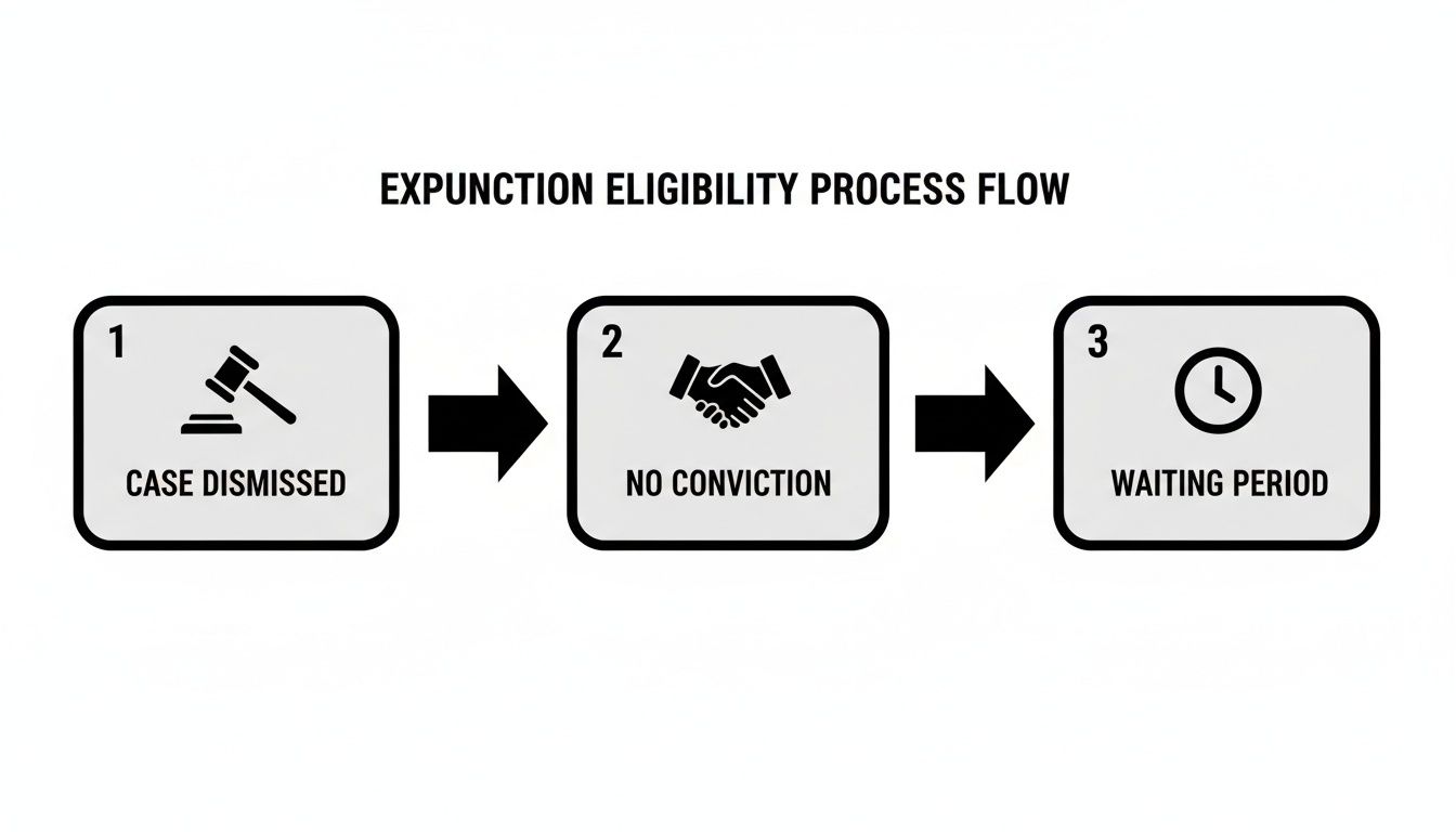 Flowchart illustrating the expunction eligibility process in Texas, highlighting three key steps: case dismissed, no conviction, and waiting period.
