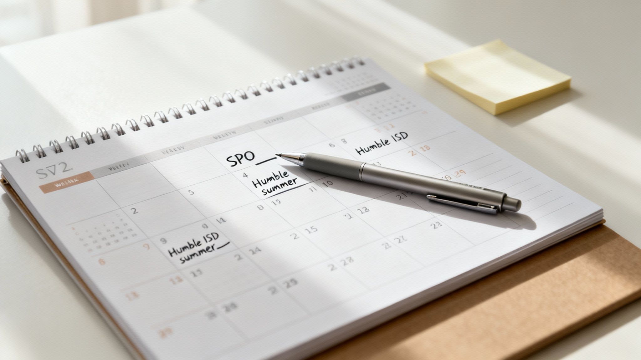 Desk calendar showing Texas Standard Possession Order (SPO) schedule with handwritten notes for Humble ISD summer and weekends, emphasizing custody planning for unmarried parents.