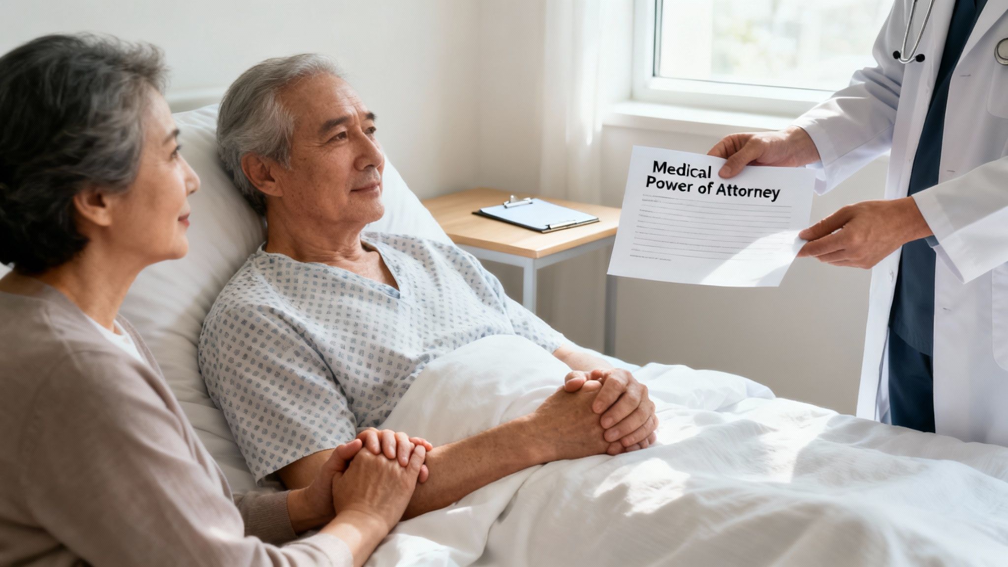 Elderly couple in hospital room, woman holding man's hand, doctor presenting Medical Power of Attorney document, emphasizing healthcare advocacy and decision-making.