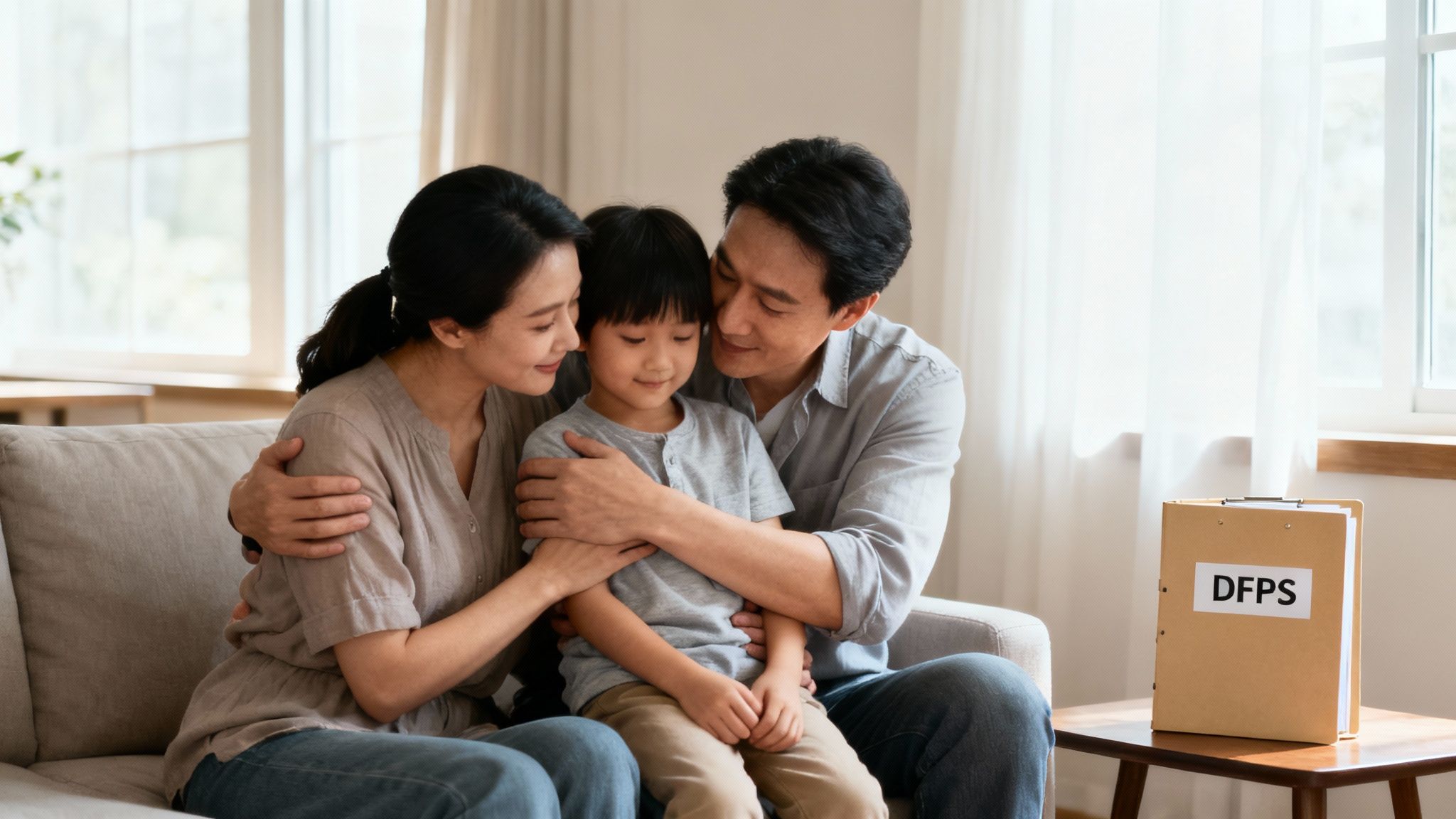 A blended family smiles and embraces in a warm, sunny park setting.