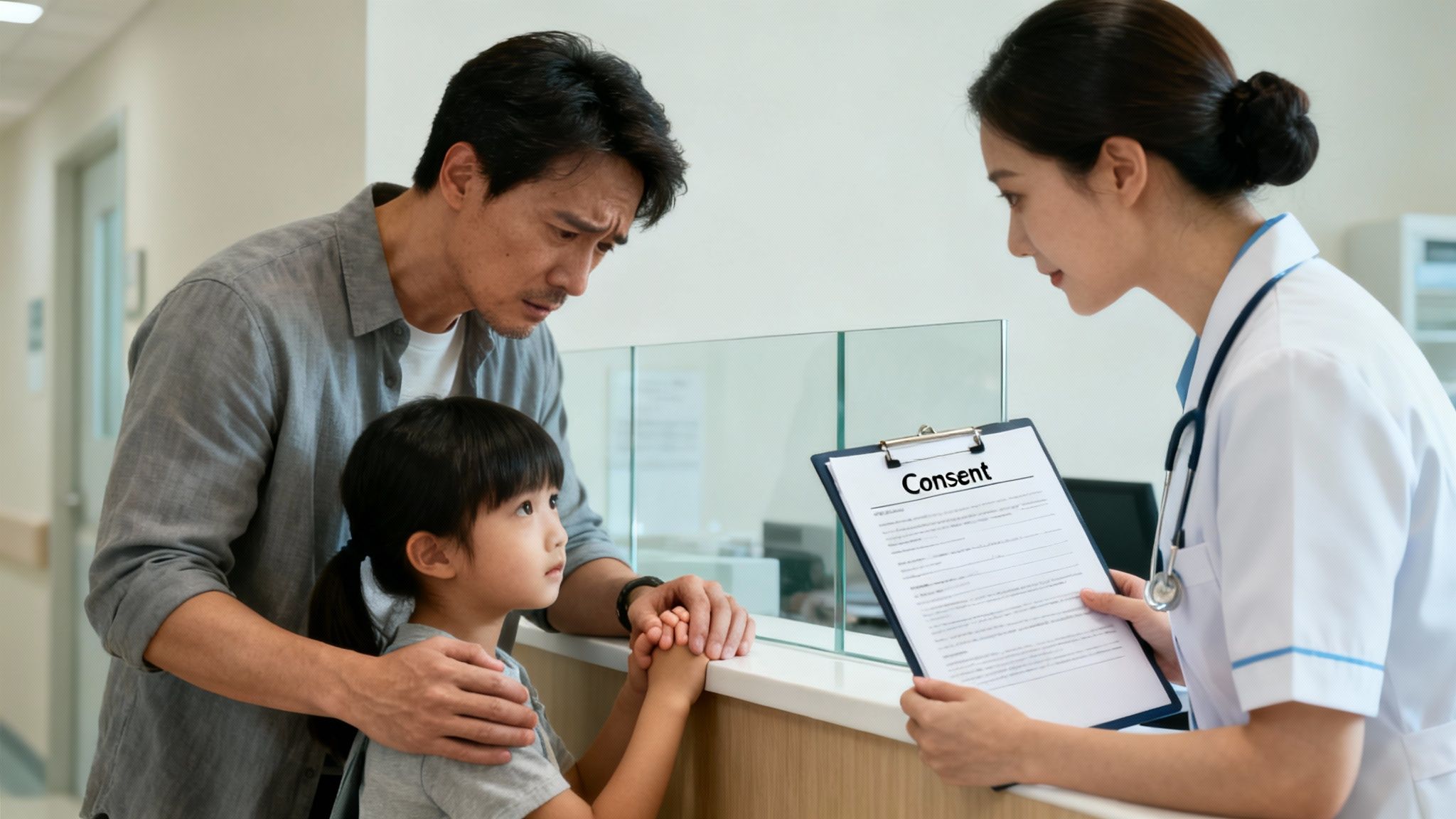 A concerned father and his daughter listen to a female doctor explaining a consent form at a hospital reception.