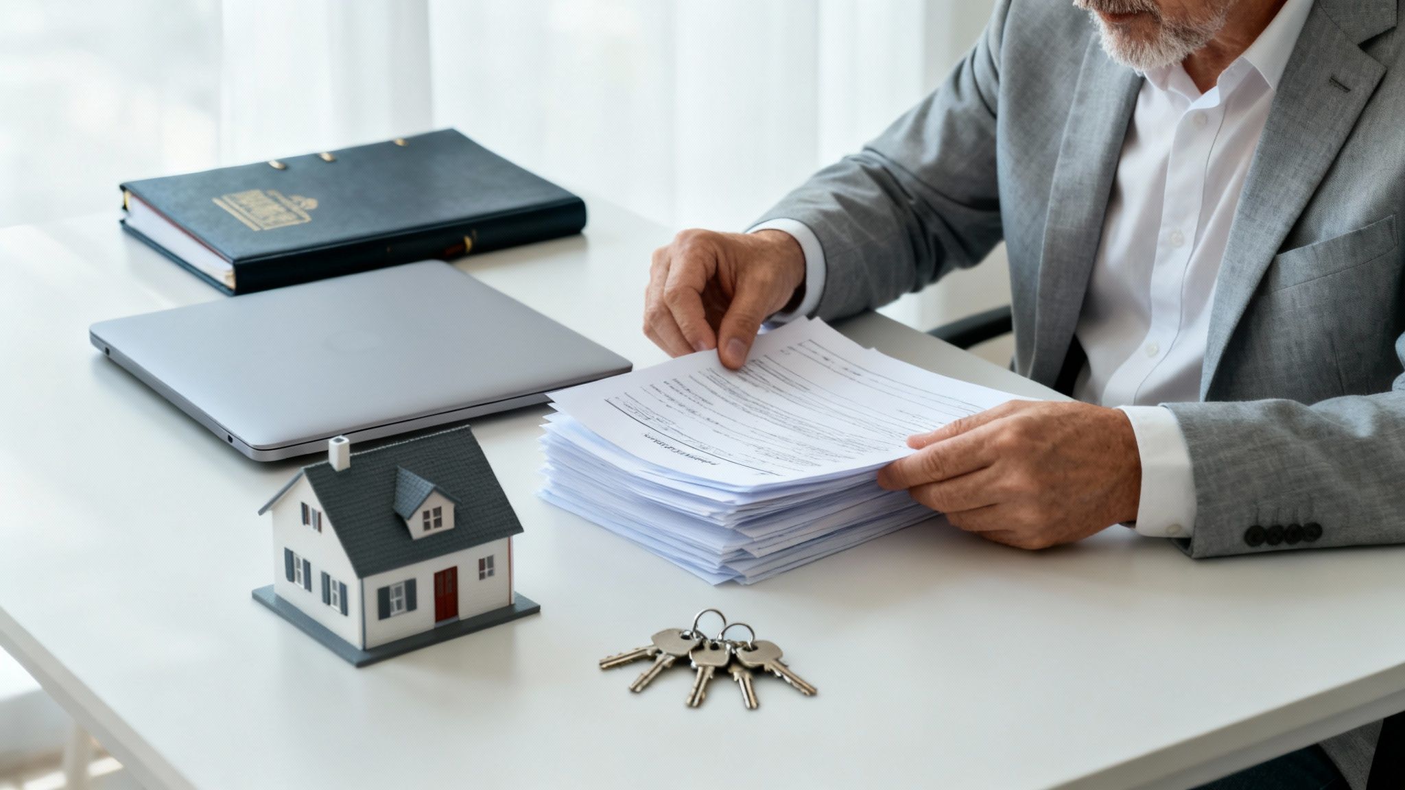 A man reviews legal documents on a desk with a model house, keys, and laptop.
