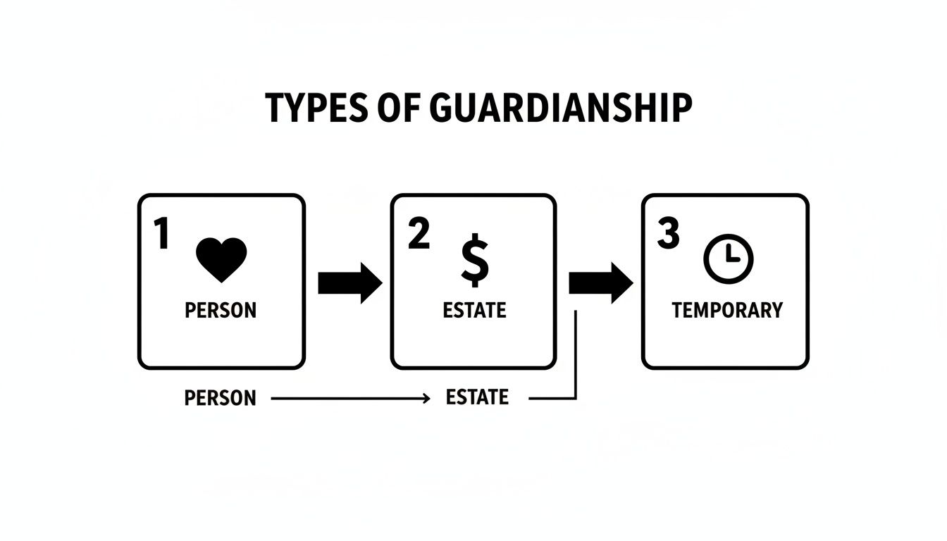 Diagram illustrating three distinct types of guardianship: person, estate, and temporary, with connecting arrows.