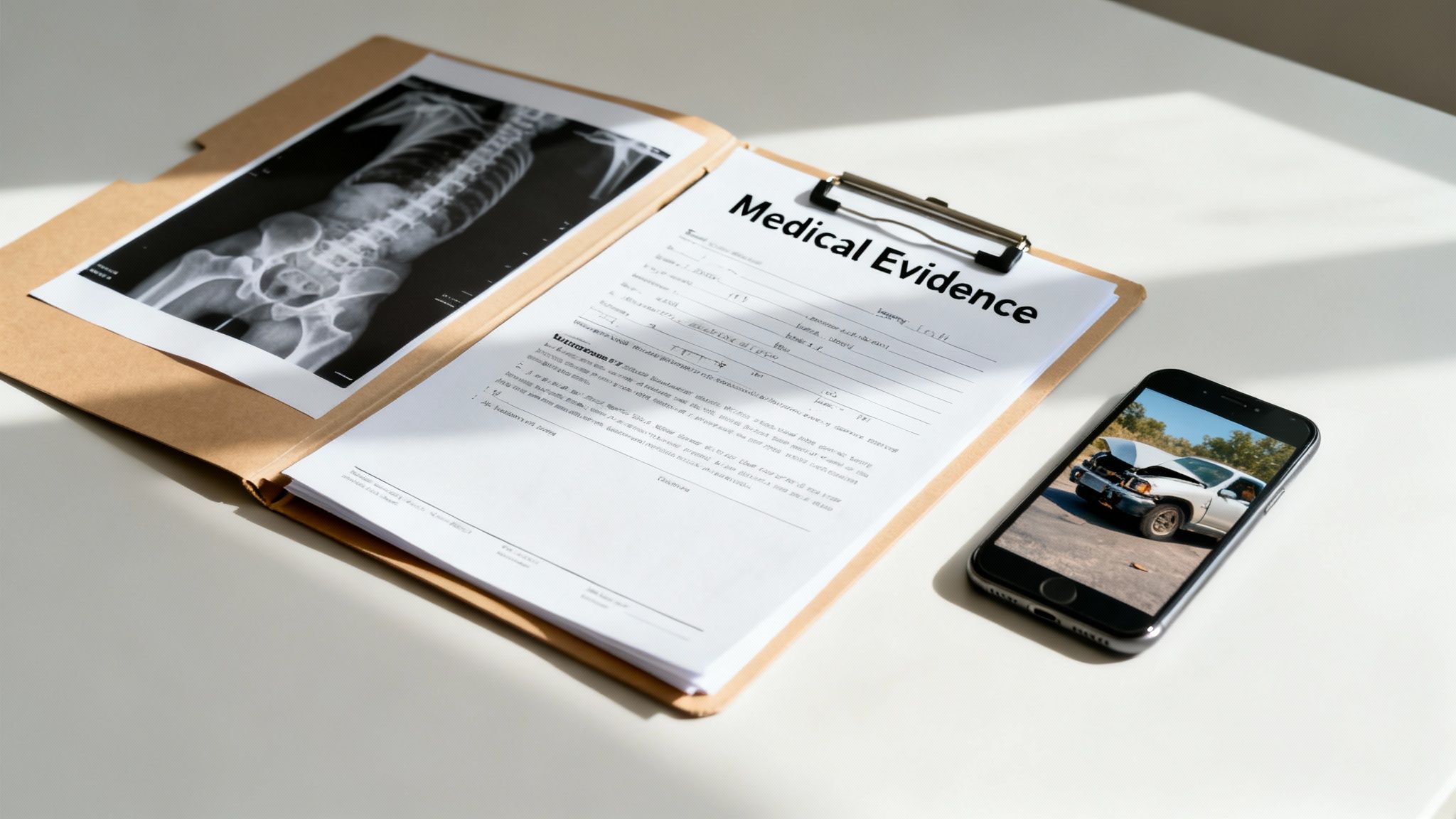 Medical report, an X-ray, and a smartphone showing a car accident on a white desk.