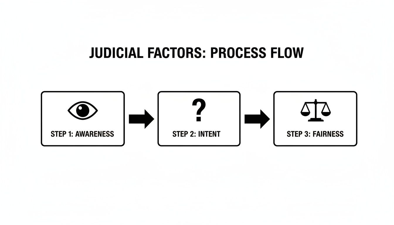 Judicial factors process flow infographic illustrating steps of awareness, intent, and fairness in retroactive child support cases.