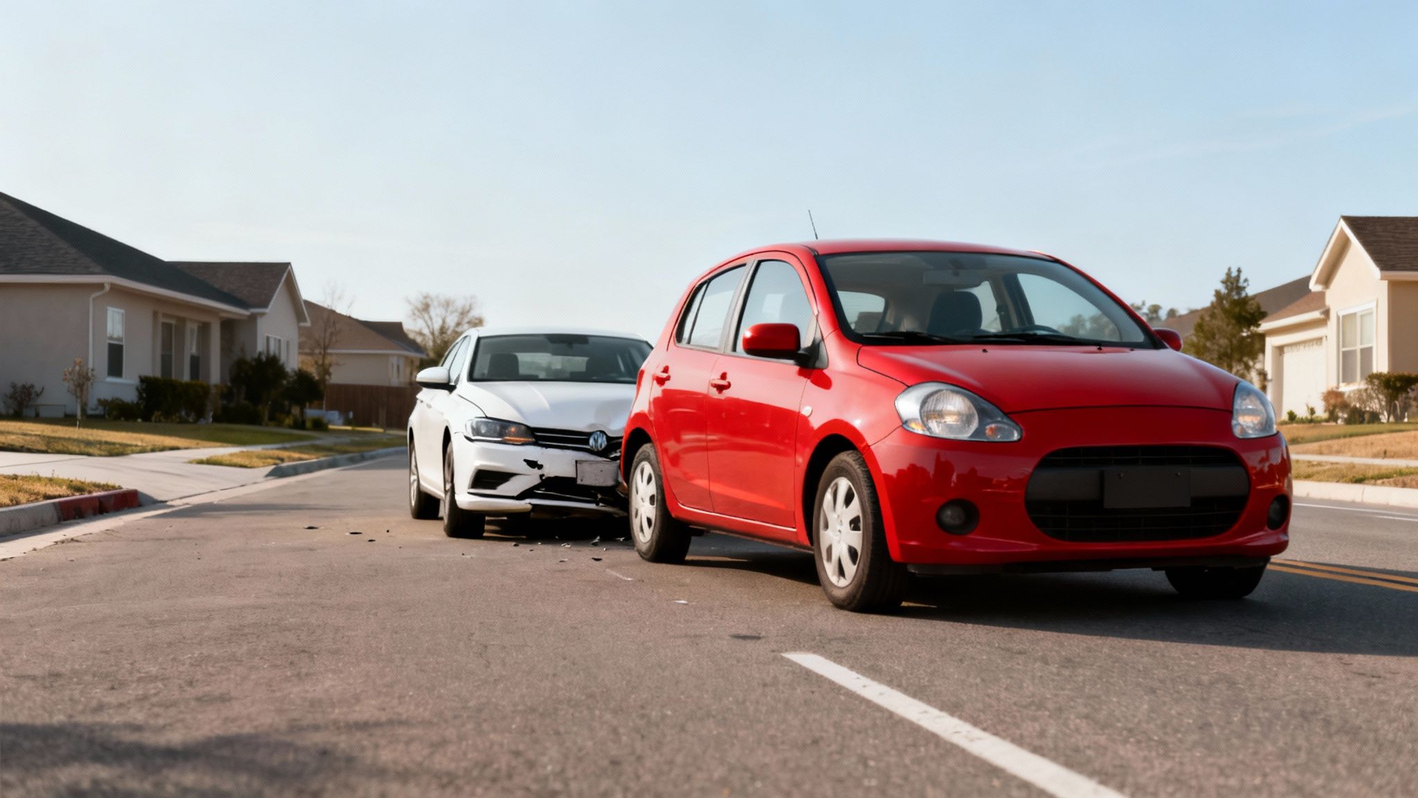 A red hatchback and a white sedan involved in a rear-end collision on a residential street.