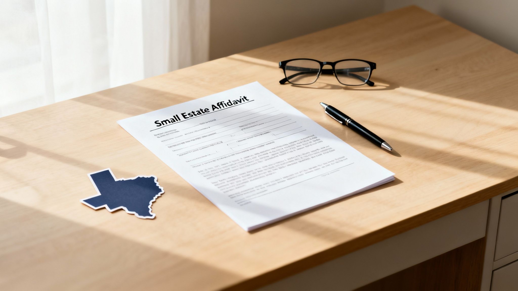 Small Estate Affidavit document on a wooden table with Texas outline cutout and a pen, symbolizing Texas probate process and estate management.