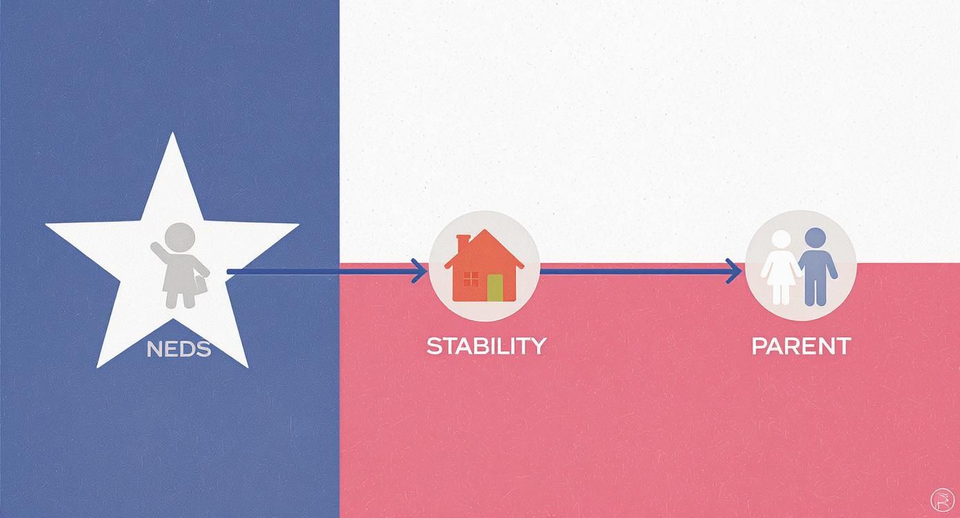 Infographic outlining the timeline of factors a Texas court considers for a child's best interest, including their needs, home stability, and parental abilities.