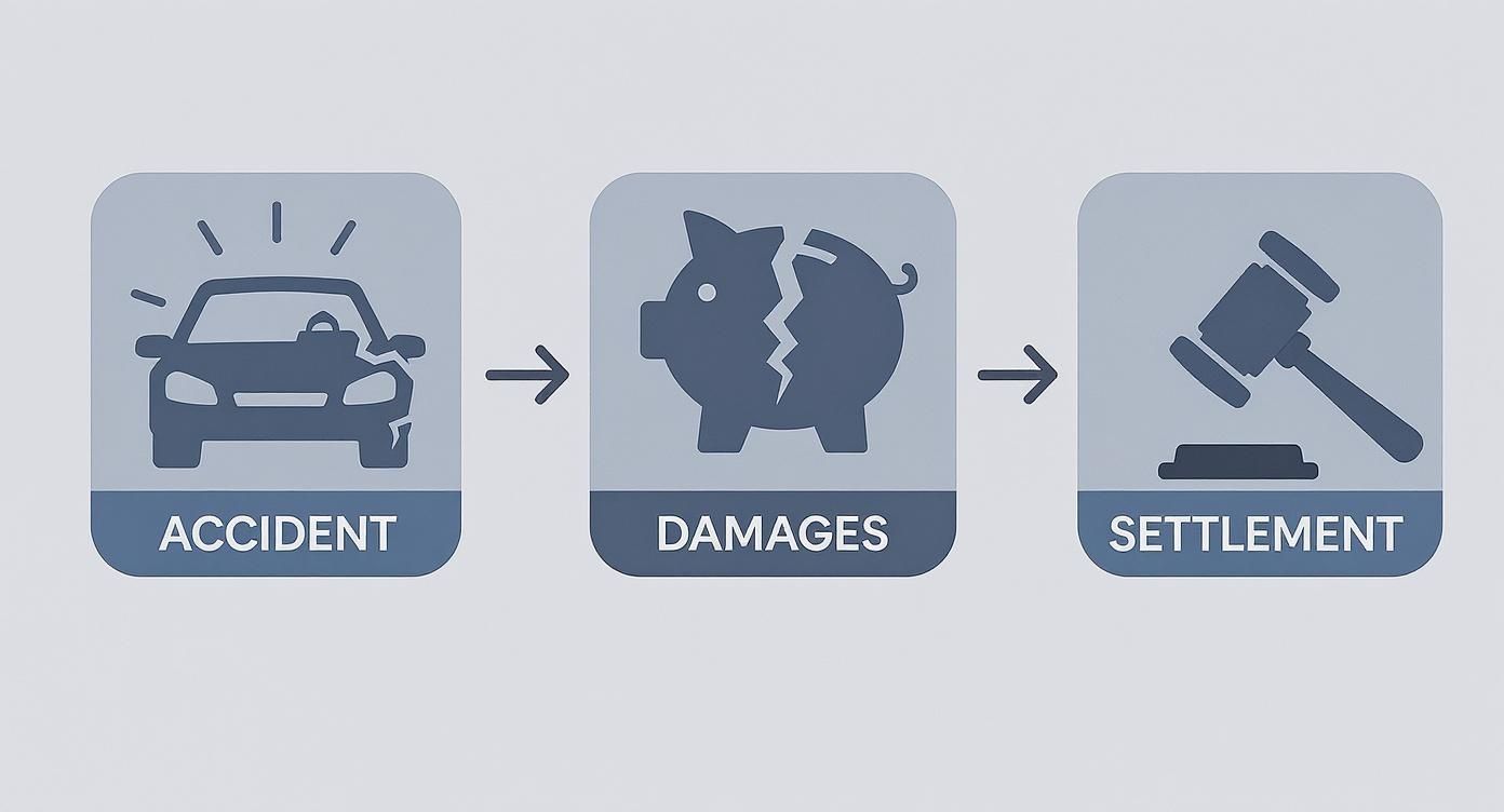 Infographic showing the process from car accident to damages to settlement.