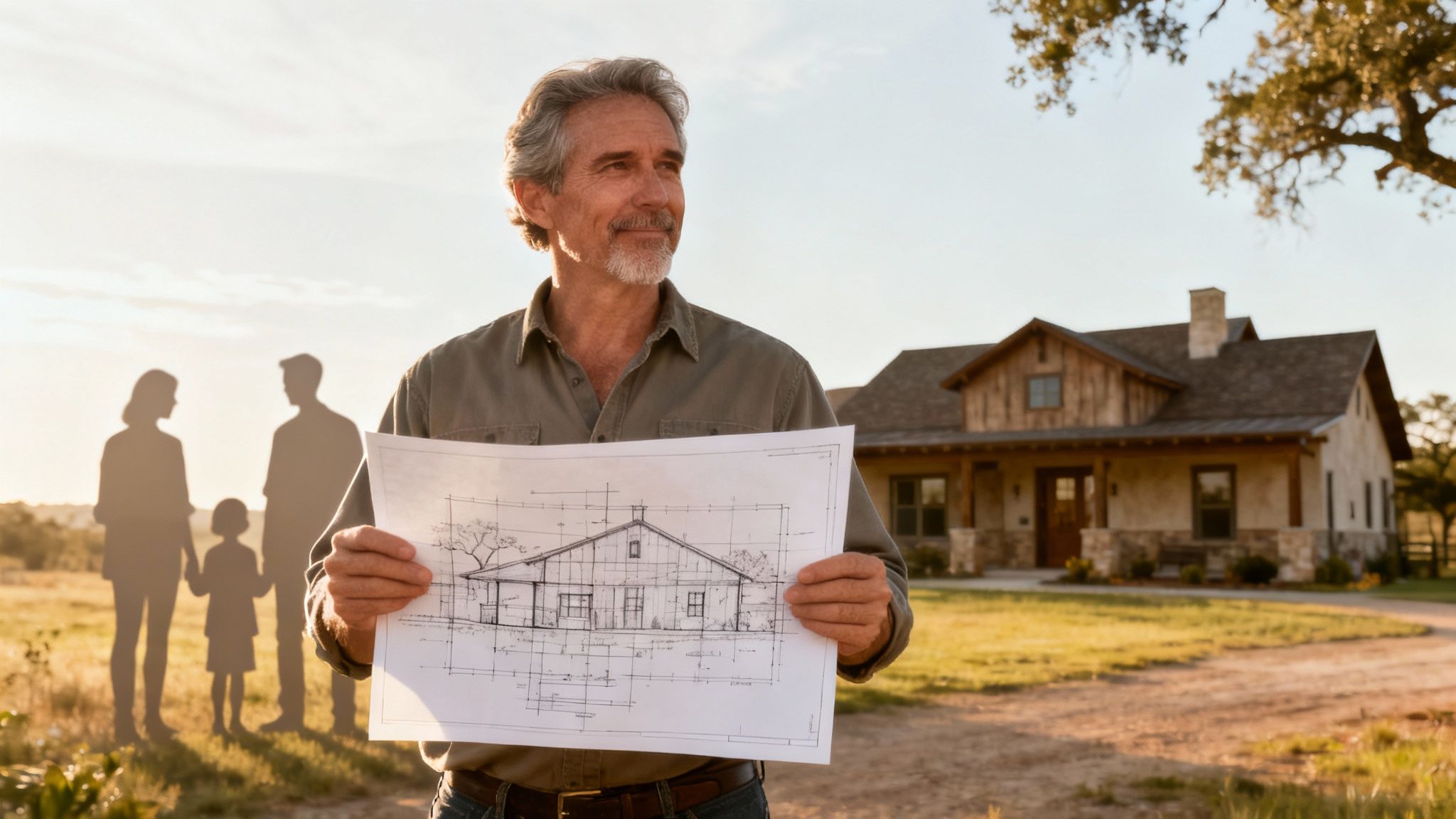 Man holding architectural blueprint of a house, symbolizing the role of a testator in estate planning, with silhouettes of a family in the background.