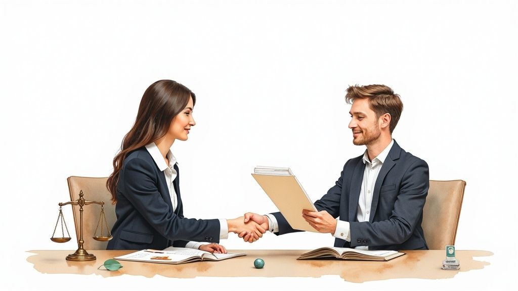 Attorney and client shaking hands at a desk with legal books and a scale of justice, symbolizing estate planning consultations in Northeast Houston.