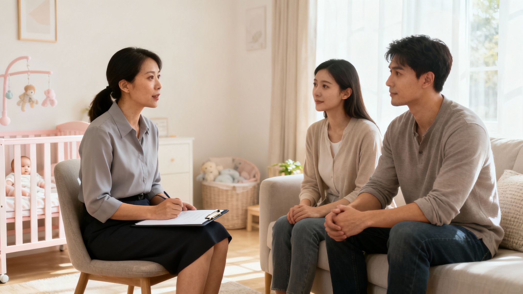 A family smiling with a judge in a courtroom on adoption finalization day.