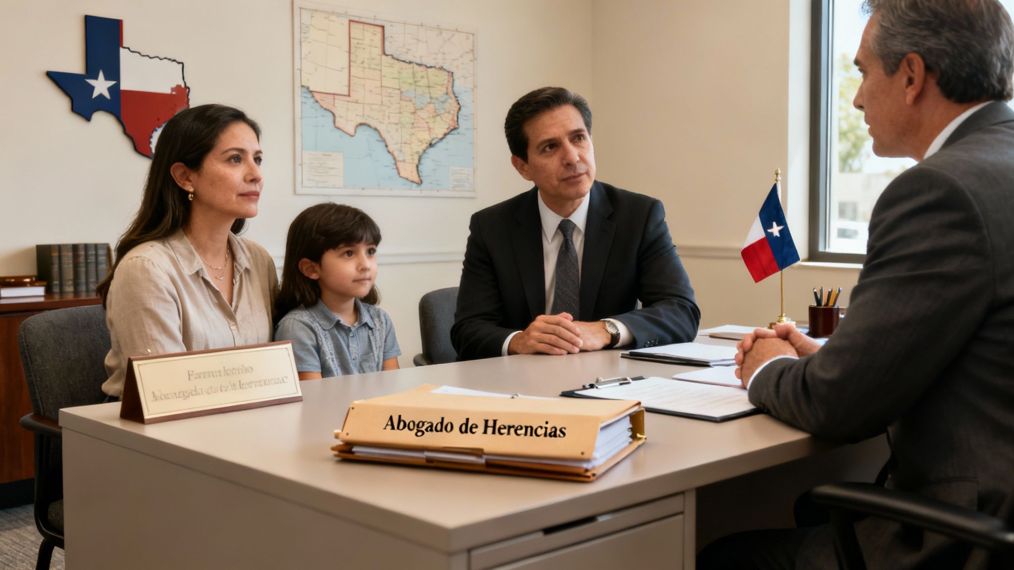Familia hispana, incluyendo padres e hija, reunida con un abogado de herencias en Texas para consulta.