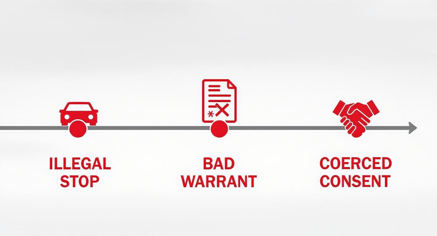 Infographic illustrating key reasons for a motion to suppress evidence: illegal stop, bad warrant, and coerced consent, relevant to Texas criminal law and protecting constitutional rights.