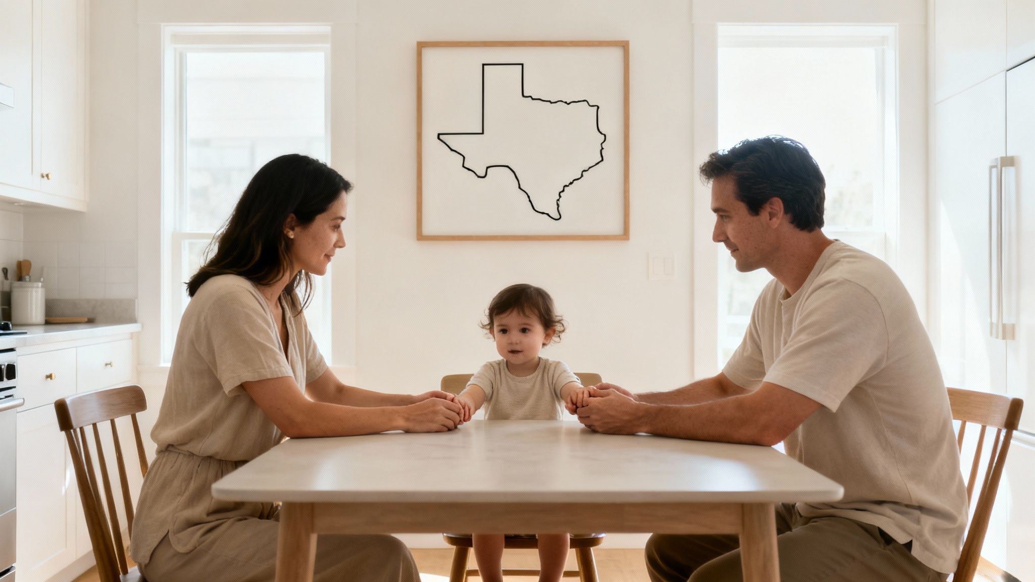 A loving family with a baby sitting at a kitchen table, holding hands, a Texas map in the background.