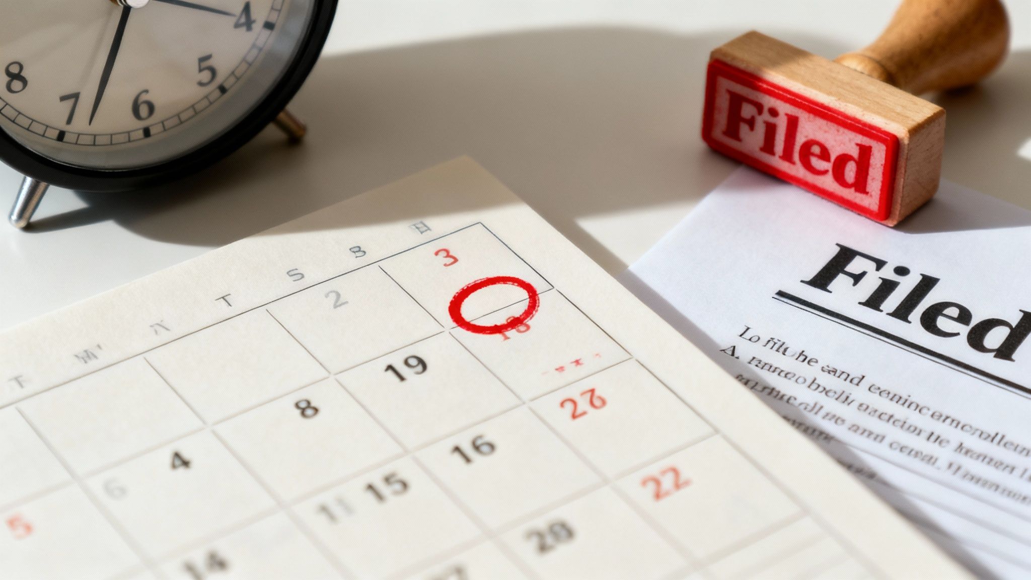 A calendar and a gavel on a wooden desk, symbolizing the importance of legal timing.