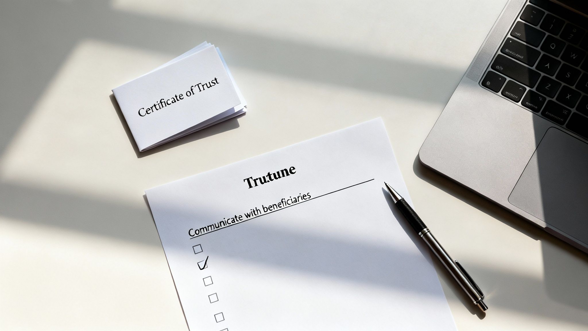 A desk with a 'Certificate of Trust' card, a checklist marking 'Communicate with beneficiaries', a pen, and a laptop.