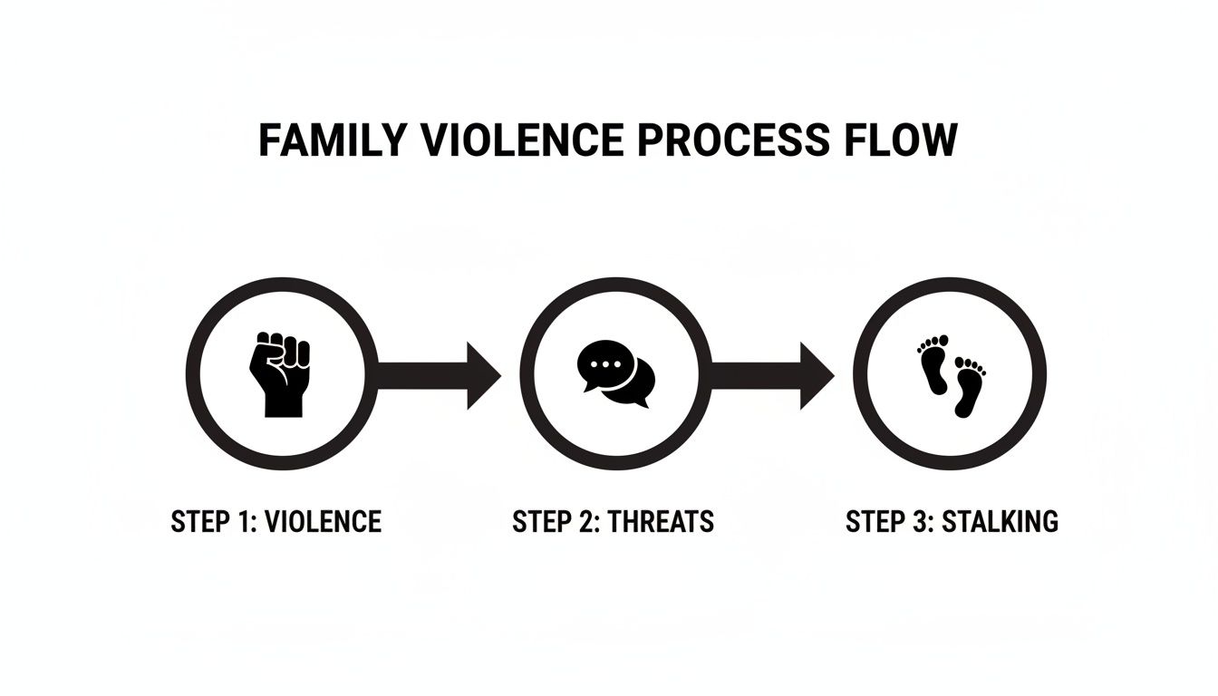 Flowchart illustrating the family violence process: Step 1 Violence (fist), Step 2 Threats (speech bubbles), Step 3 Stalking (footprints).
