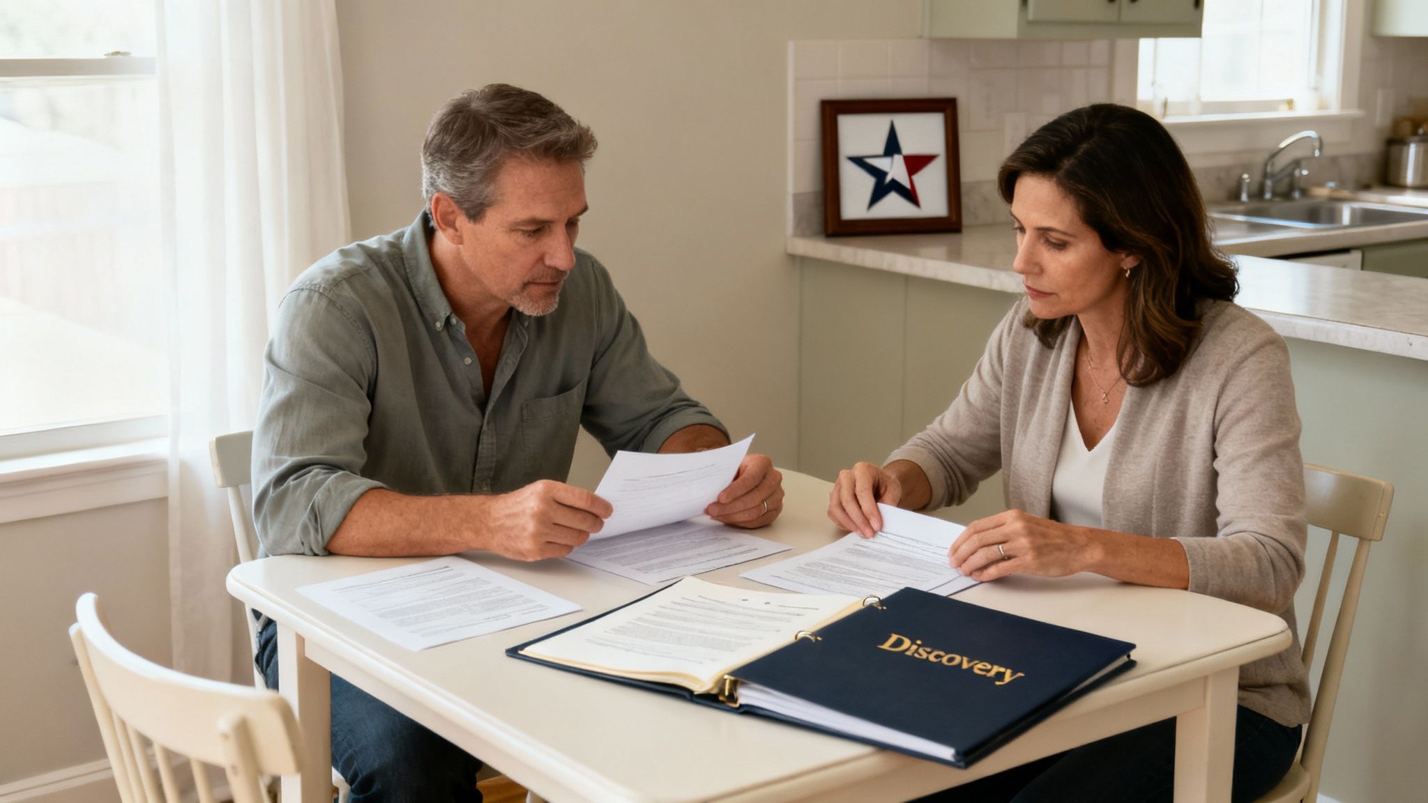 A couple reviewing legal documents at a table with a "Discovery" binder.