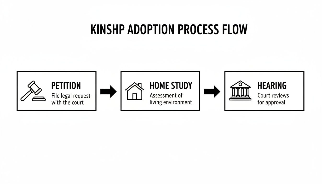 Flowchart illustrating the kinship adoption process with steps for petition, home study, and hearing.