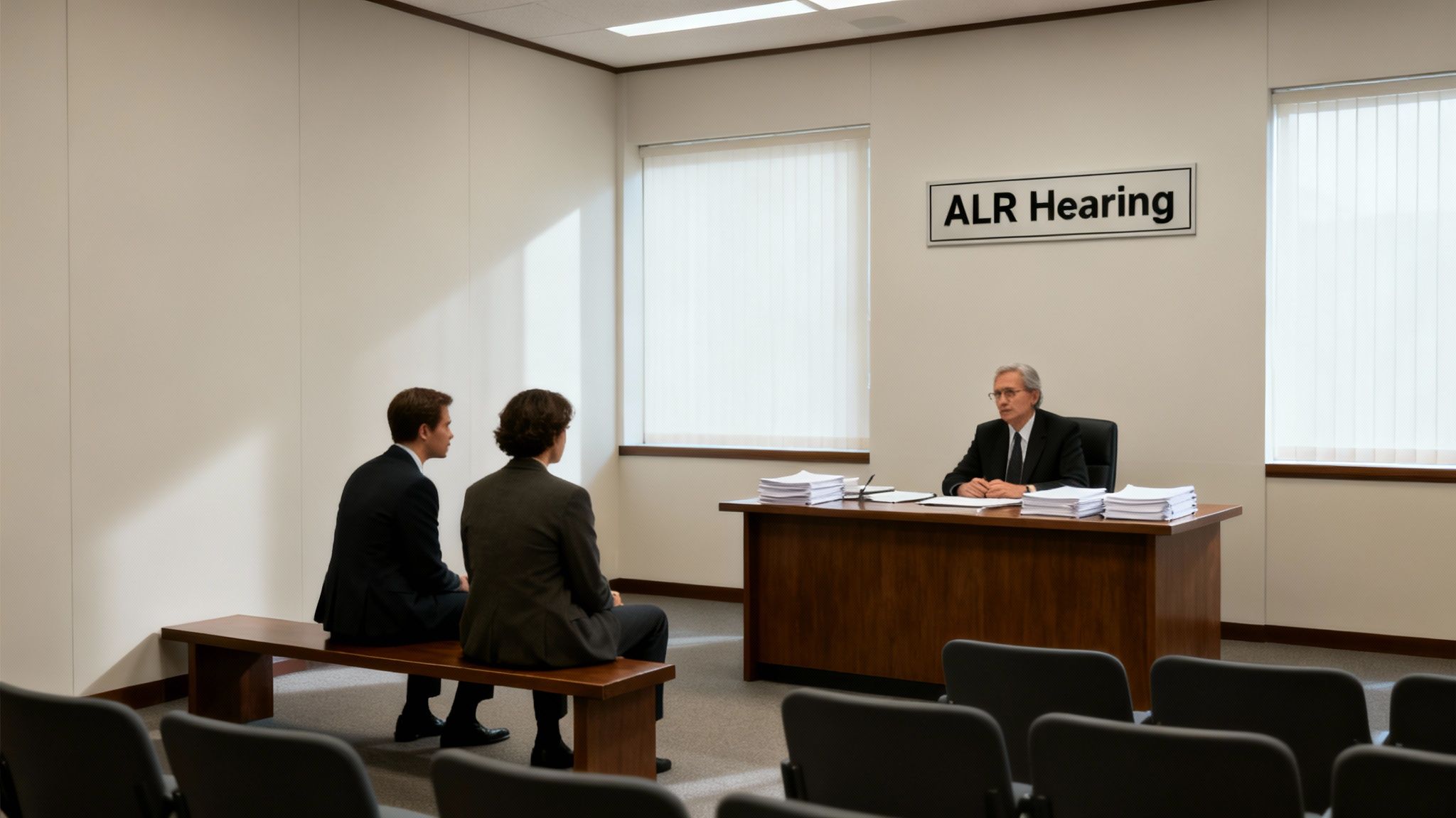 ALR hearing setting with two individuals seated before an Administrative Law Judge, emphasizing the legal process related to DWI and license suspension in Texas.