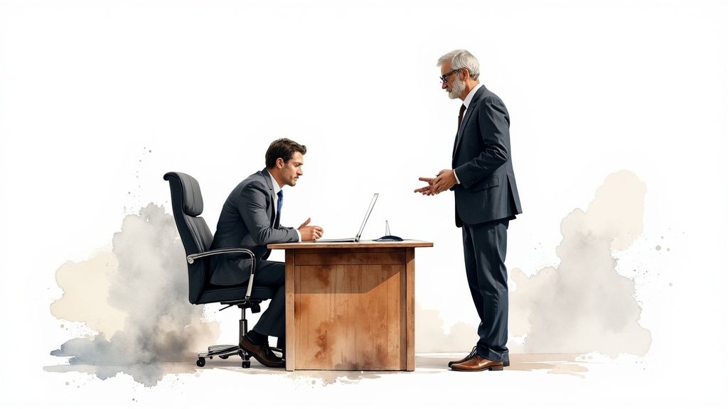 Business meeting between a lawyer and a client discussing legal representation for an arraignment hearing, emphasizing the importance of defense counsel.