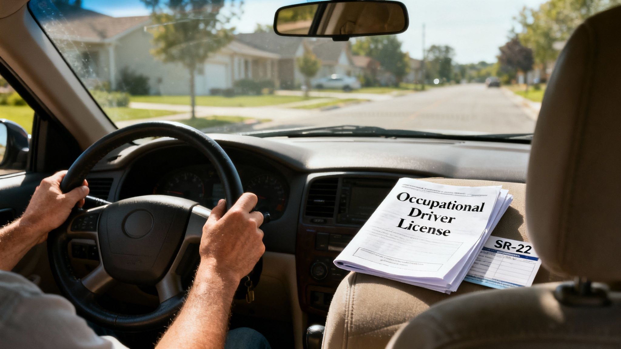 Driver's hands on steering wheel with Occupational Driver License documents on passenger seat, representing Texas license reinstatement process after DUI/DWI suspension.