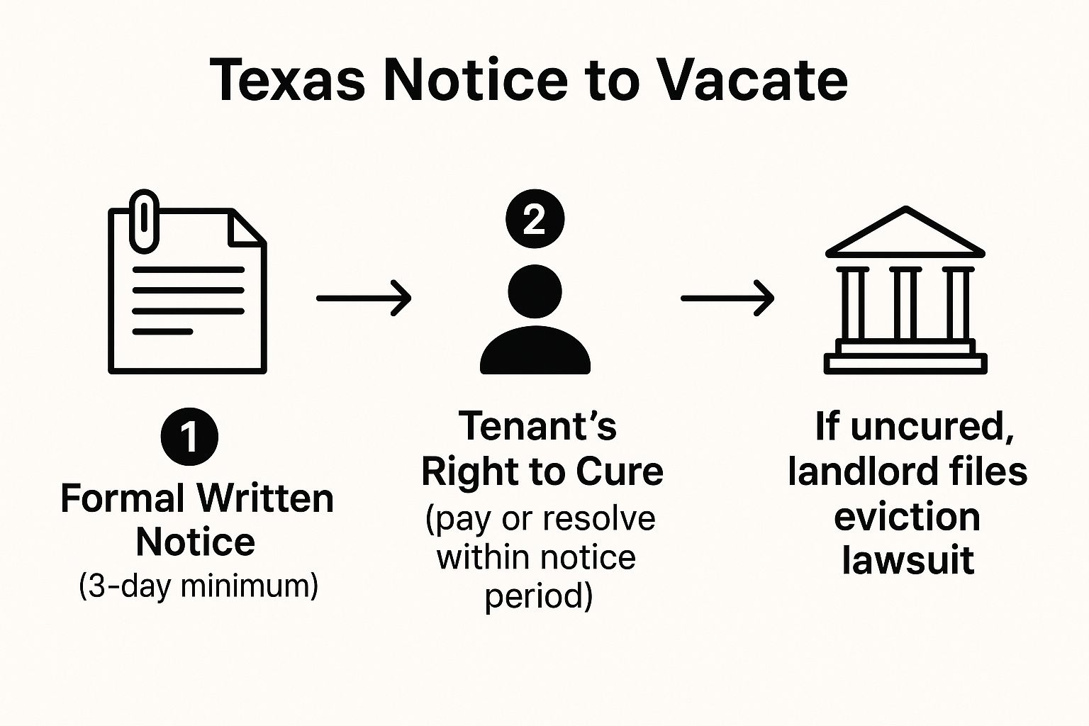 Texas Notice to Vacate flowchart illustrating formal written notice, tenant's right to cure, and potential eviction lawsuit.