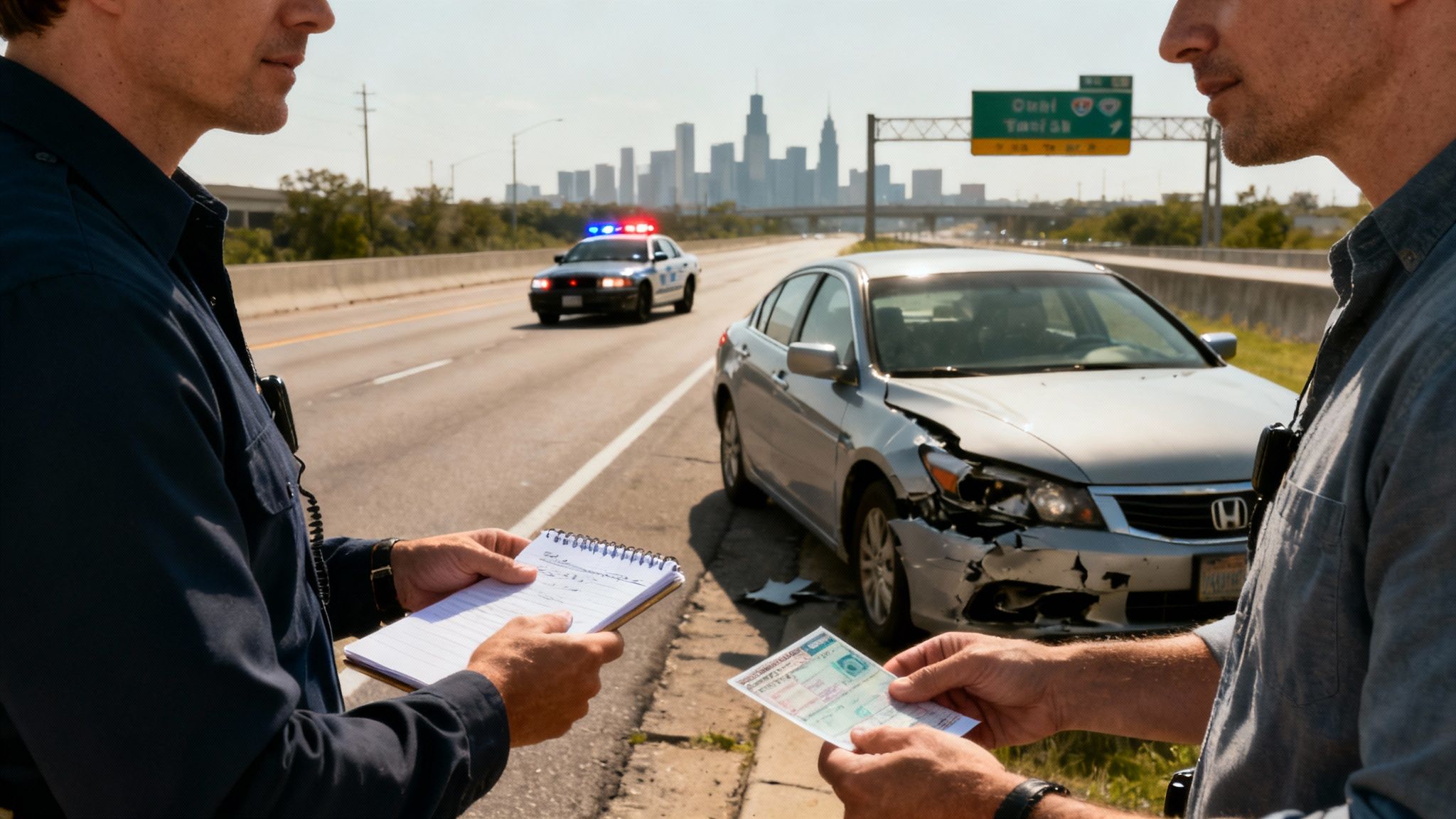 A serious car accident on a city street with emergency lights flashing.