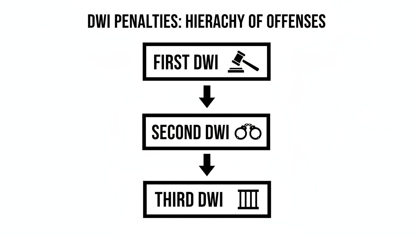 A flowchart illustrating the increasing hierarchy of DWI penalties: first, second, and third offenses.