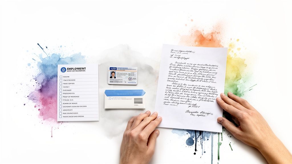 Hands holding a handwritten letter, with an ID card, checklist, and envelope on a vibrant watercolor background.